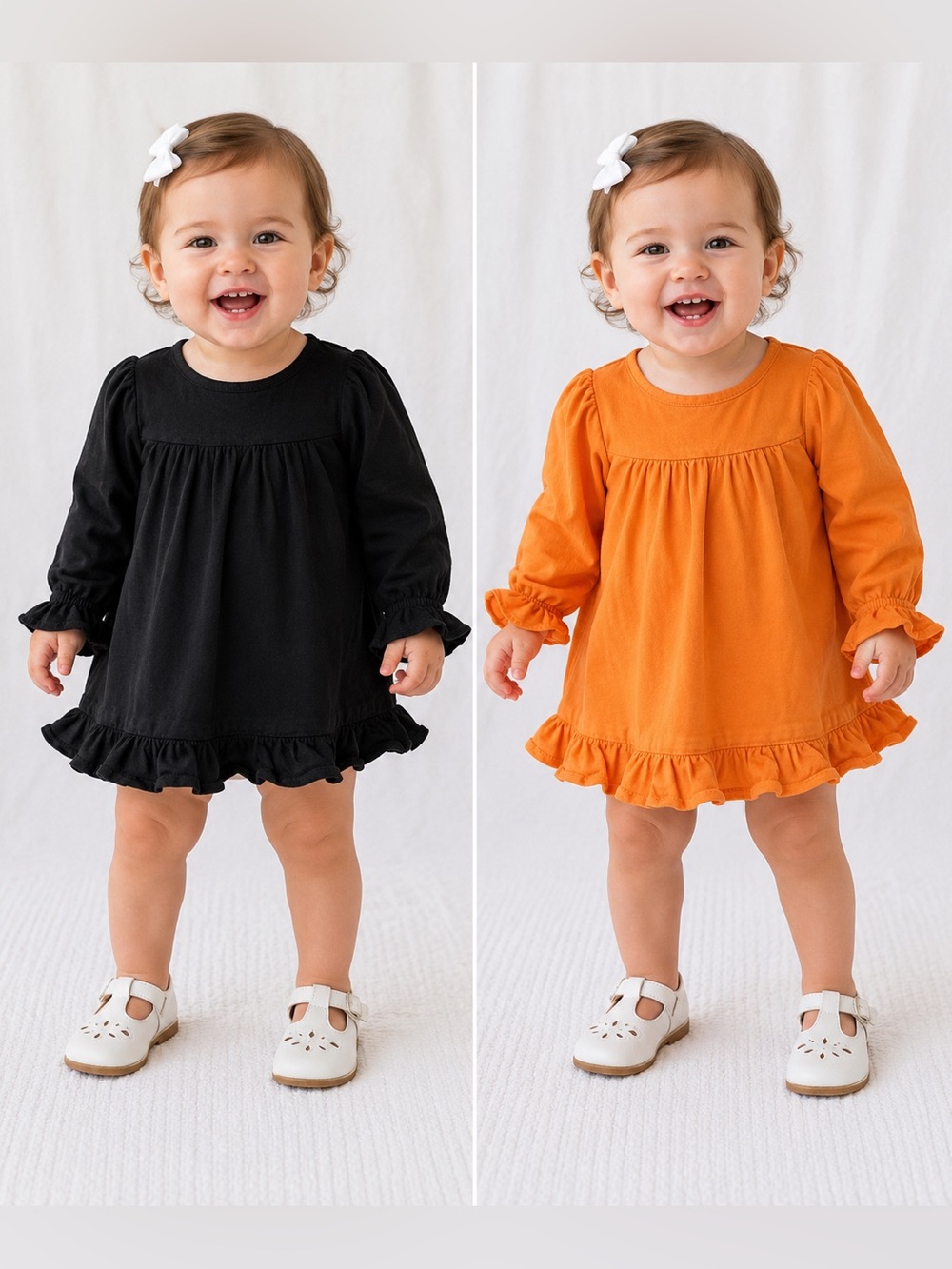 Girls' Orange Long Sleeve Ruffle Hem Dress - Casual Pullover